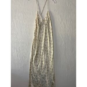 Floral Satin Maxi Slip Dress Sz Lg Cream Pink Strappy Back Cottage Coquette Y2K